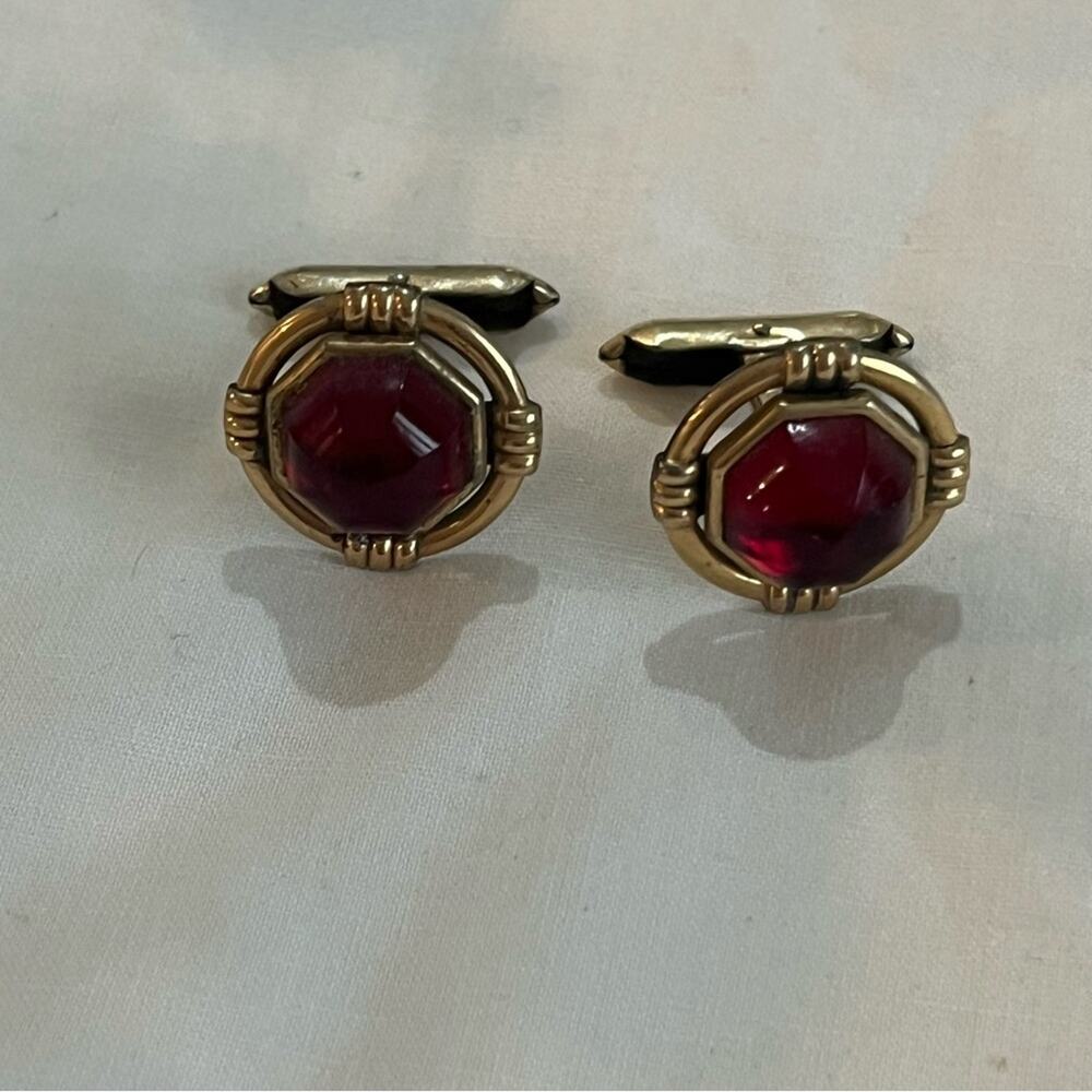 Hadley cuff links ruby colored stone made in the USA vintage
